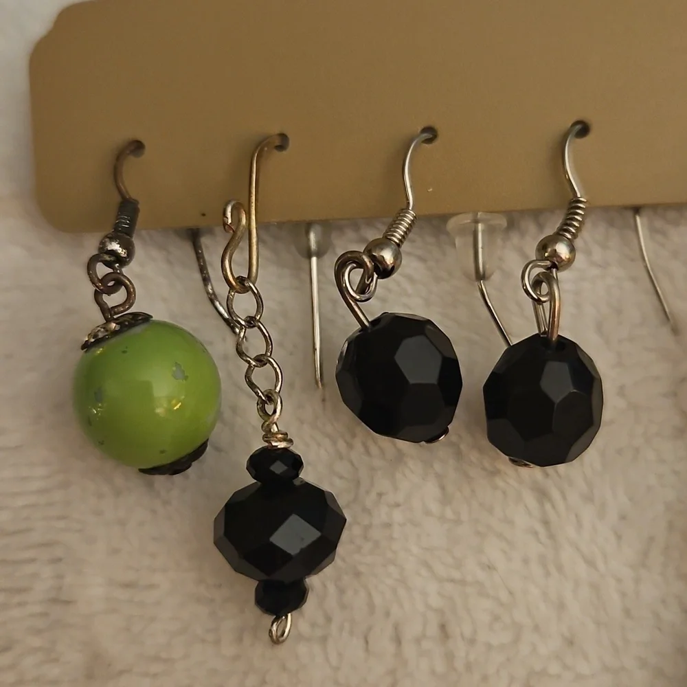 Vintage One Black Pair and Four Green and Yellow Single Dangle Earrings Set